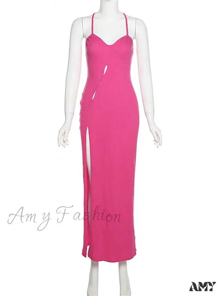 Amy Fashion - Sleeveless Strap Low Cut Sexy Women    New Hollow Out Side Split Summer Beach Female Vestidos