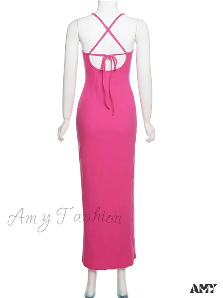 Amy Fashion - Sleeveless Strap Low Cut Sexy Women    New Hollow Out Side Split Summer Beach Female Vestidos