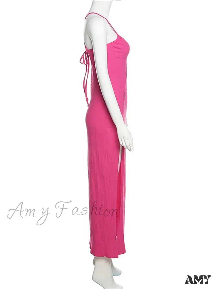Amy Fashion - Sleeveless Strap Low Cut Sexy Women    New Hollow Out Side Split Summer Beach Female Vestidos