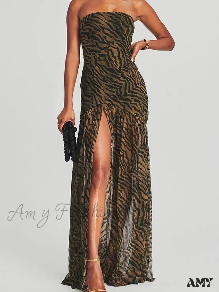 Amy Fashion - Women Tube Slim Strapless Off Shoulder Mesh Patchwork Leopard Floral Print Split  Party Club Vestidos