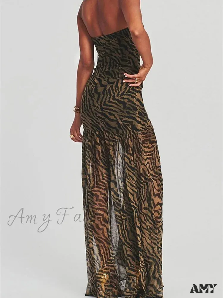 Amy Fashion - Women Tube Slim Strapless Off Shoulder Mesh Patchwork Leopard Floral Print Split  Party Club Vestidos