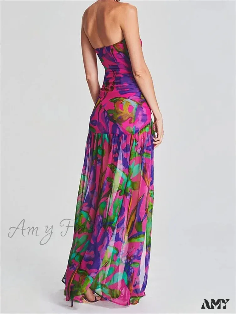 Amy Fashion - Women Tube Slim Strapless Off Shoulder Mesh Patchwork Leopard Floral Print Split  Party Club Vestidos