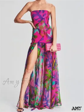 Amy Fashion - Women Tube Slim Strapless Off Shoulder Mesh Patchwork Leopard Floral Print Split  Party Club Vestidos
