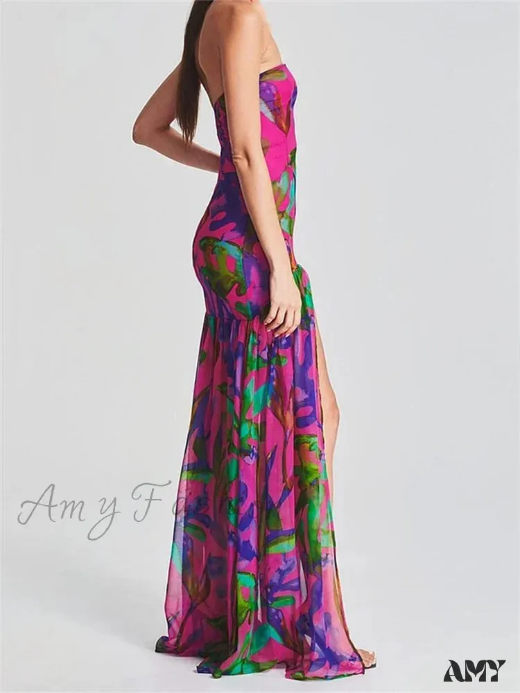 Amy Fashion - Women Tube Slim Strapless Off Shoulder Mesh Patchwork Leopard Floral Print Split  Party Club Vestidos