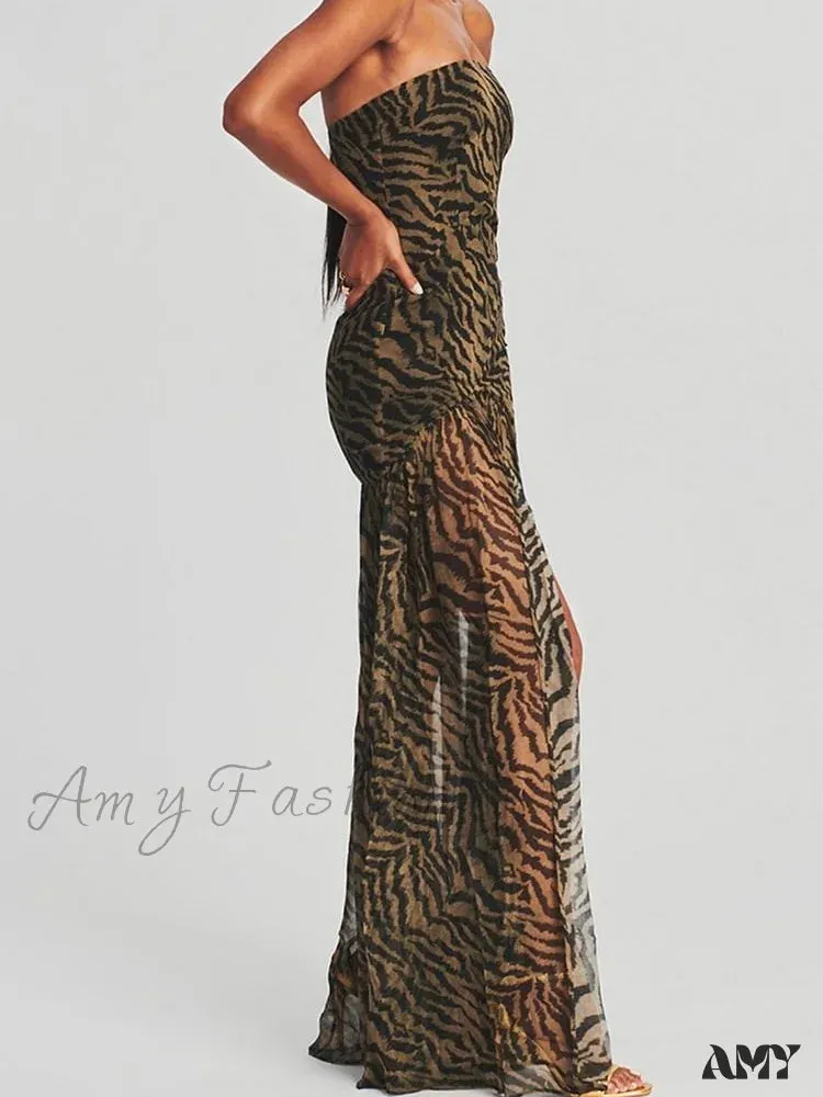 Amy Fashion - Women Tube Slim Strapless Off Shoulder Mesh Patchwork Leopard Floral Print Split  Party Club Vestidos