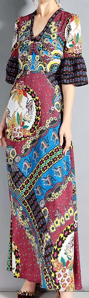Bell-Sleeve Printed V-Neck Maxi Dress