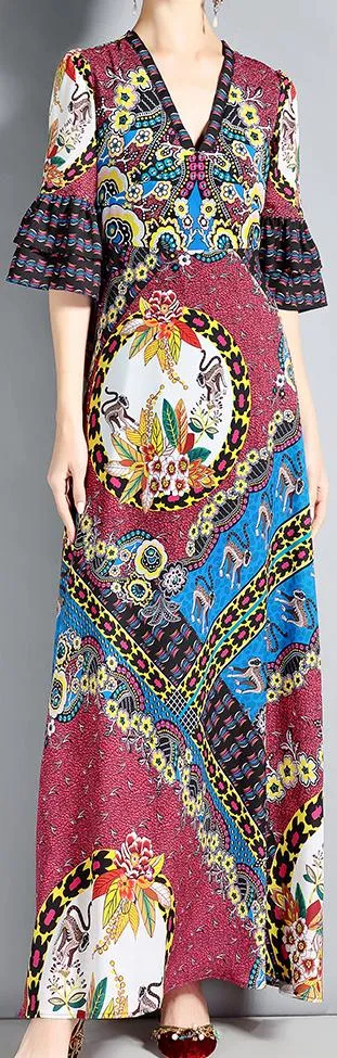 Bell-Sleeve Printed V-Neck Maxi Dress