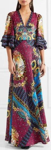 Bell-Sleeve Printed V-Neck Maxi Dress