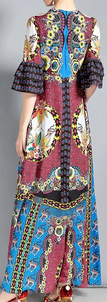 Bell-Sleeve Printed V-Neck Maxi Dress