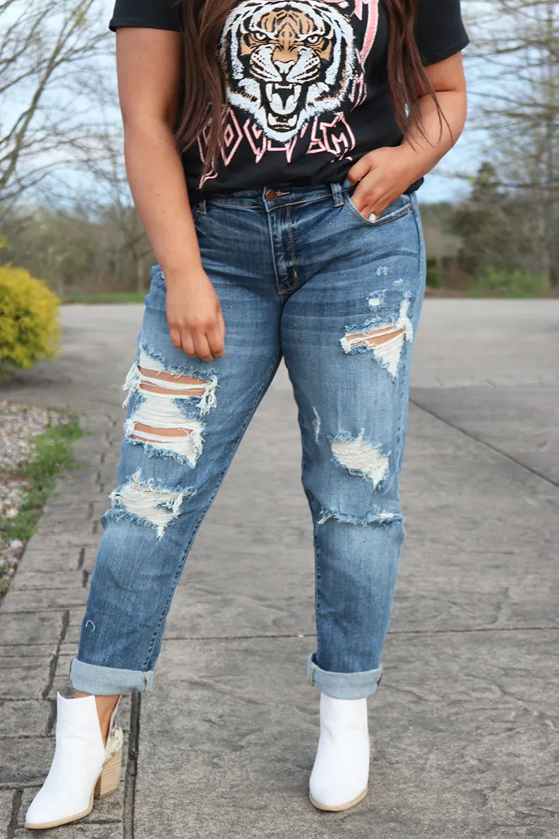 Blessed and Distressed Boyfriend Cuffed Destroyed Jeans