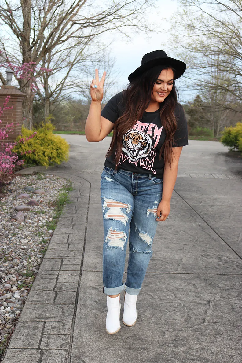 Blessed and Distressed Boyfriend Cuffed Destroyed Jeans
