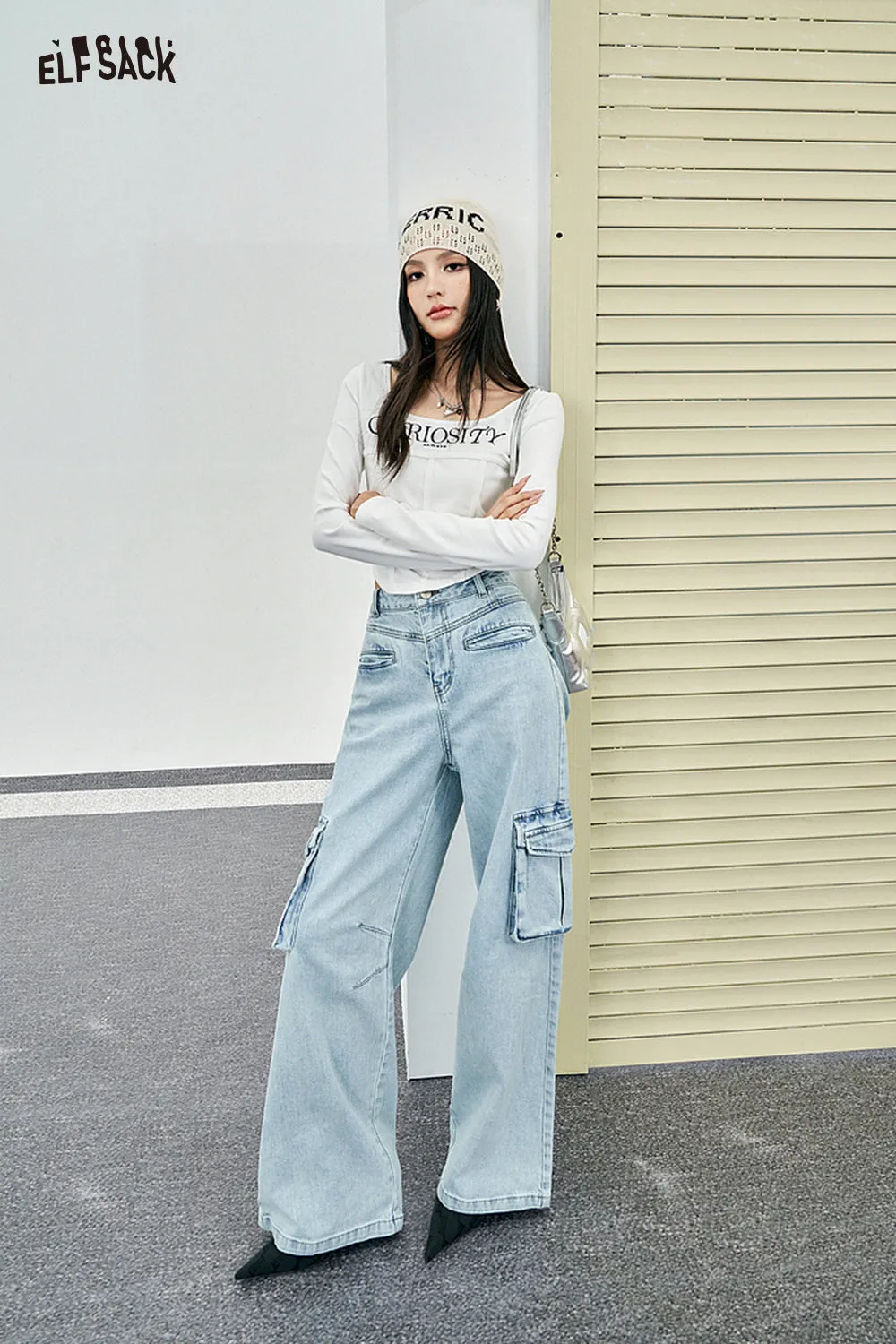 ELFSACK fishbone long sleeve undershirt for women spring square neck hot girl versatile cropped tops