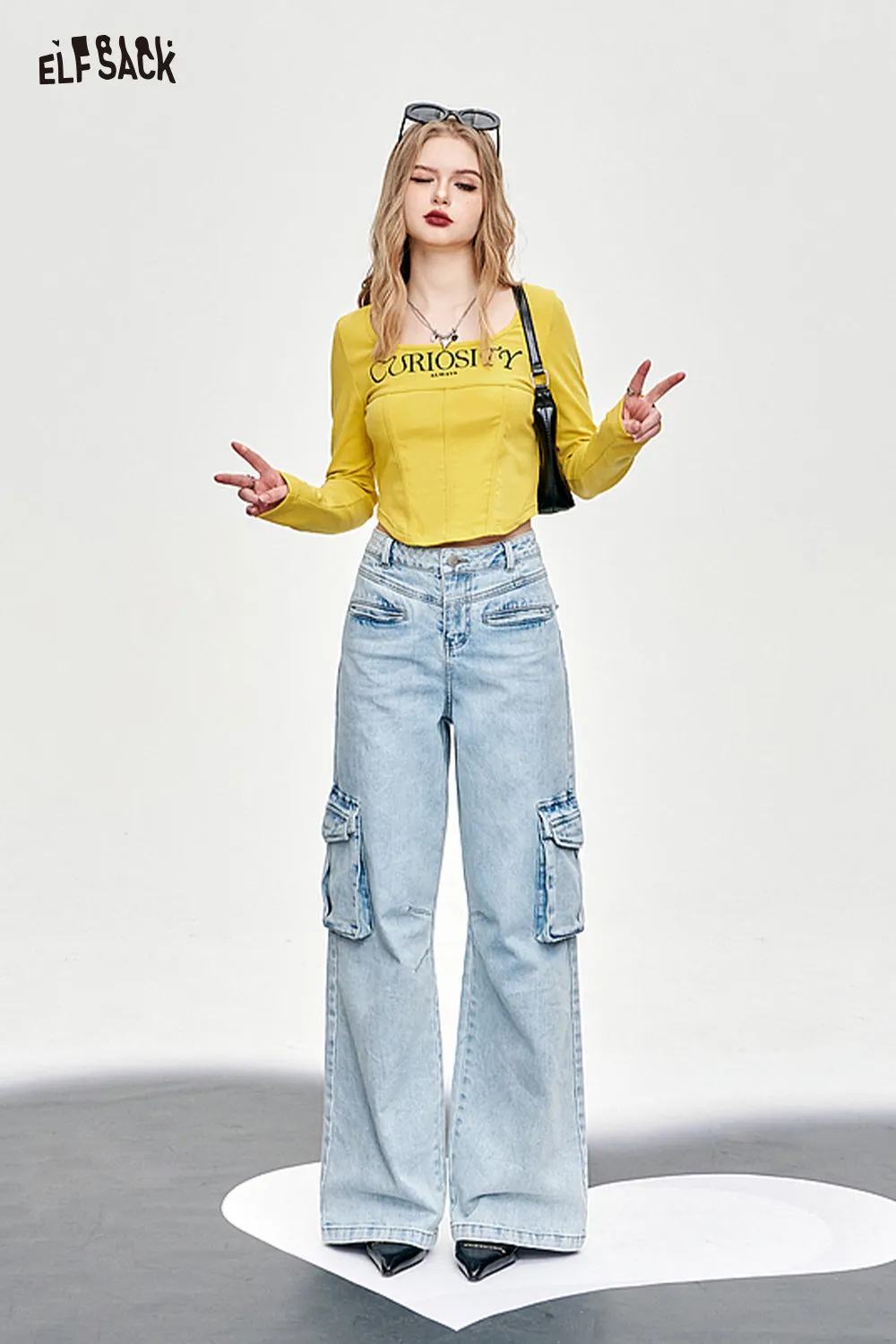 ELFSACK fishbone long sleeve undershirt for women spring square neck hot girl versatile cropped tops