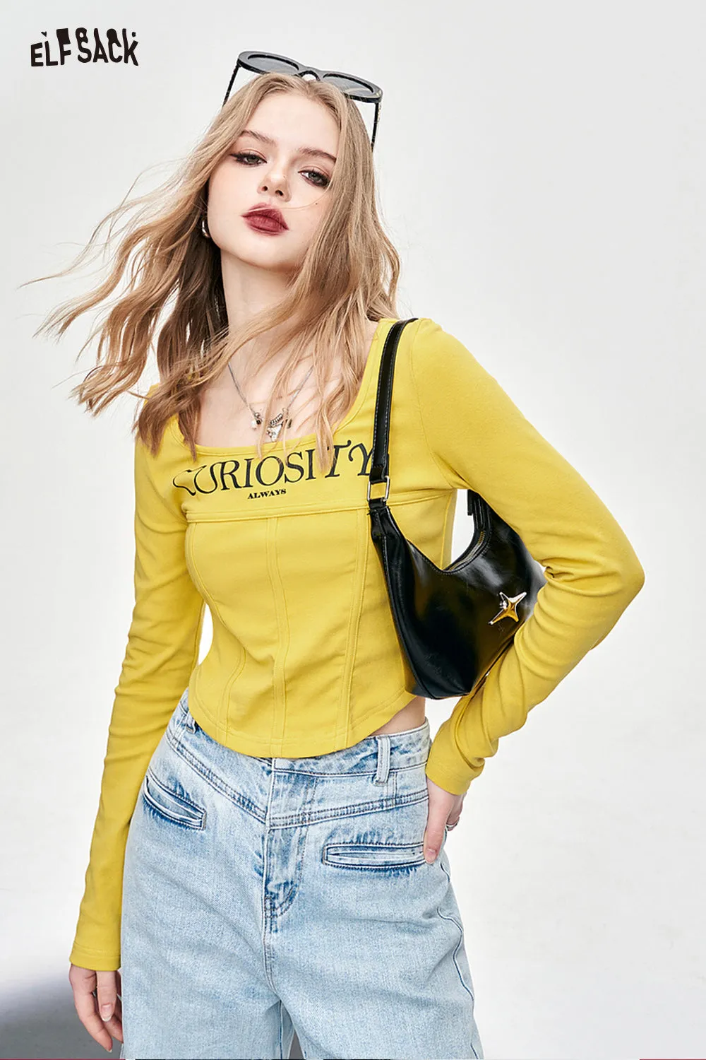 ELFSACK fishbone long sleeve undershirt for women spring square neck hot girl versatile cropped tops