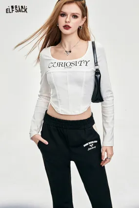 ELFSACK fishbone long sleeve undershirt for women spring square neck hot girl versatile cropped tops