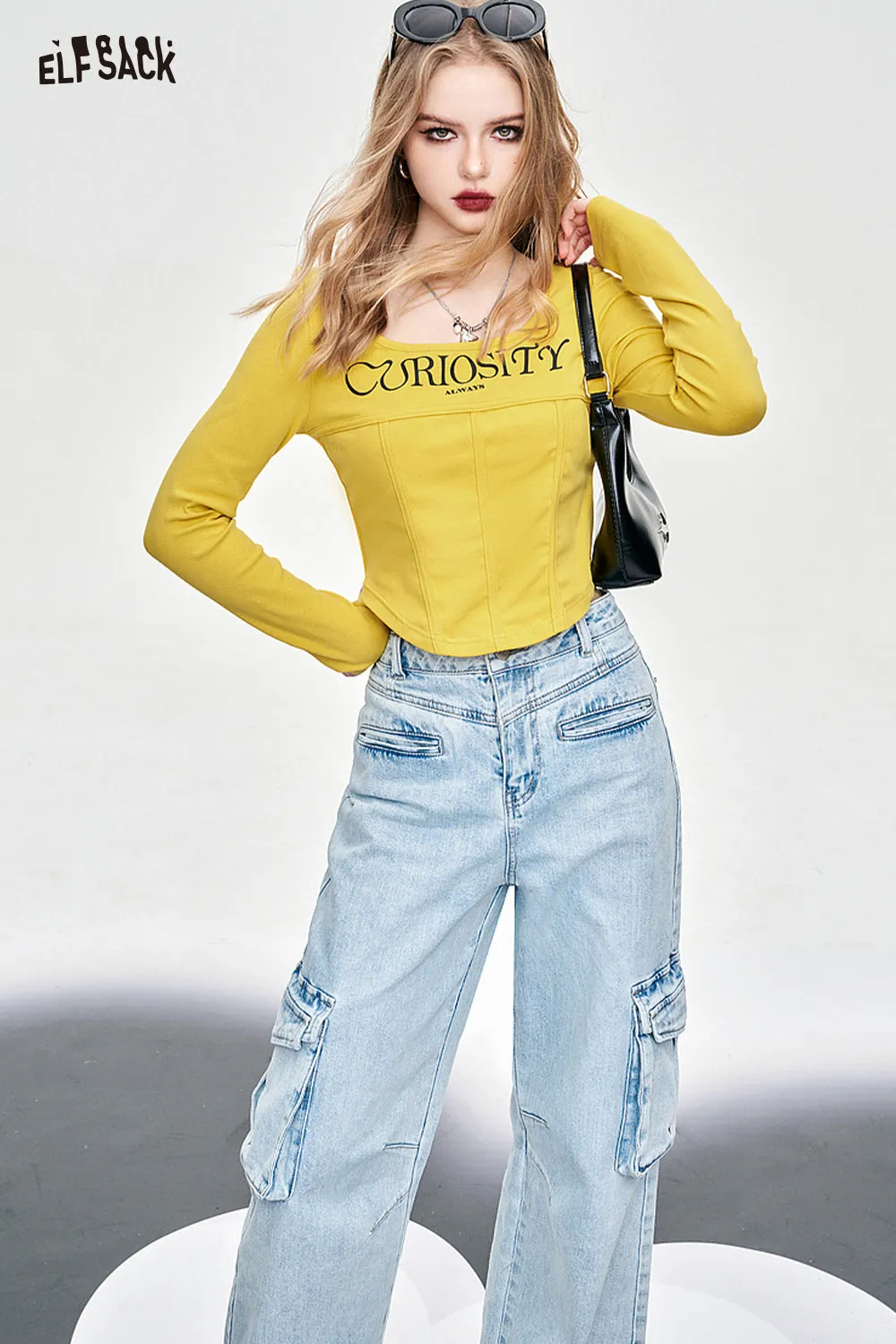 ELFSACK fishbone long sleeve undershirt for women spring square neck hot girl versatile cropped tops