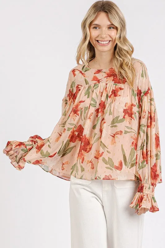 Floral Flounce Sleeve Blouse
