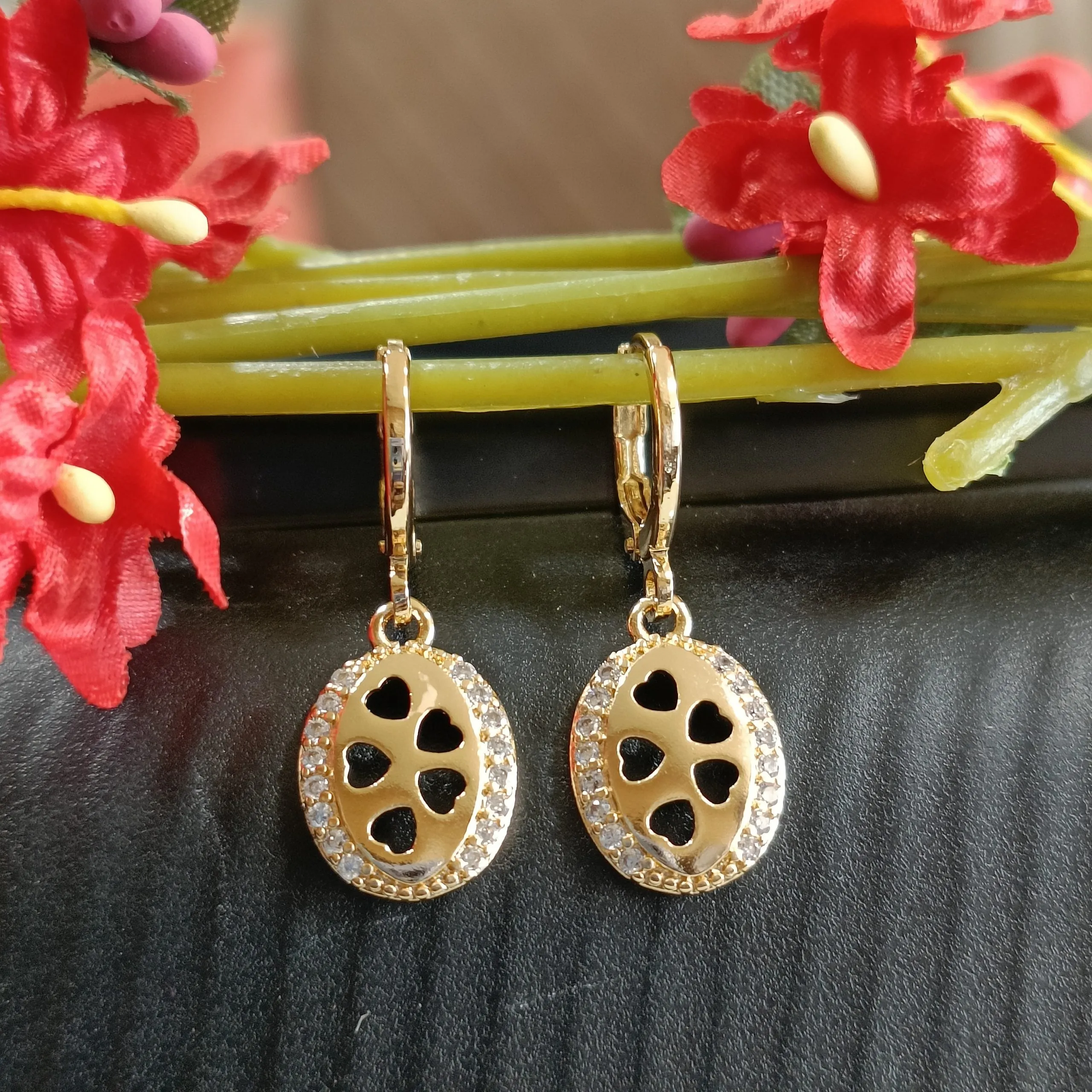 Gold Plated CZ Studded Oval Shaped Heart Open Work Fashion Bali Hoops Earring