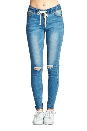 Khanomak Elasticized Drawstring Waist Busted Knee Washed Denim Skinny Pants Jeans