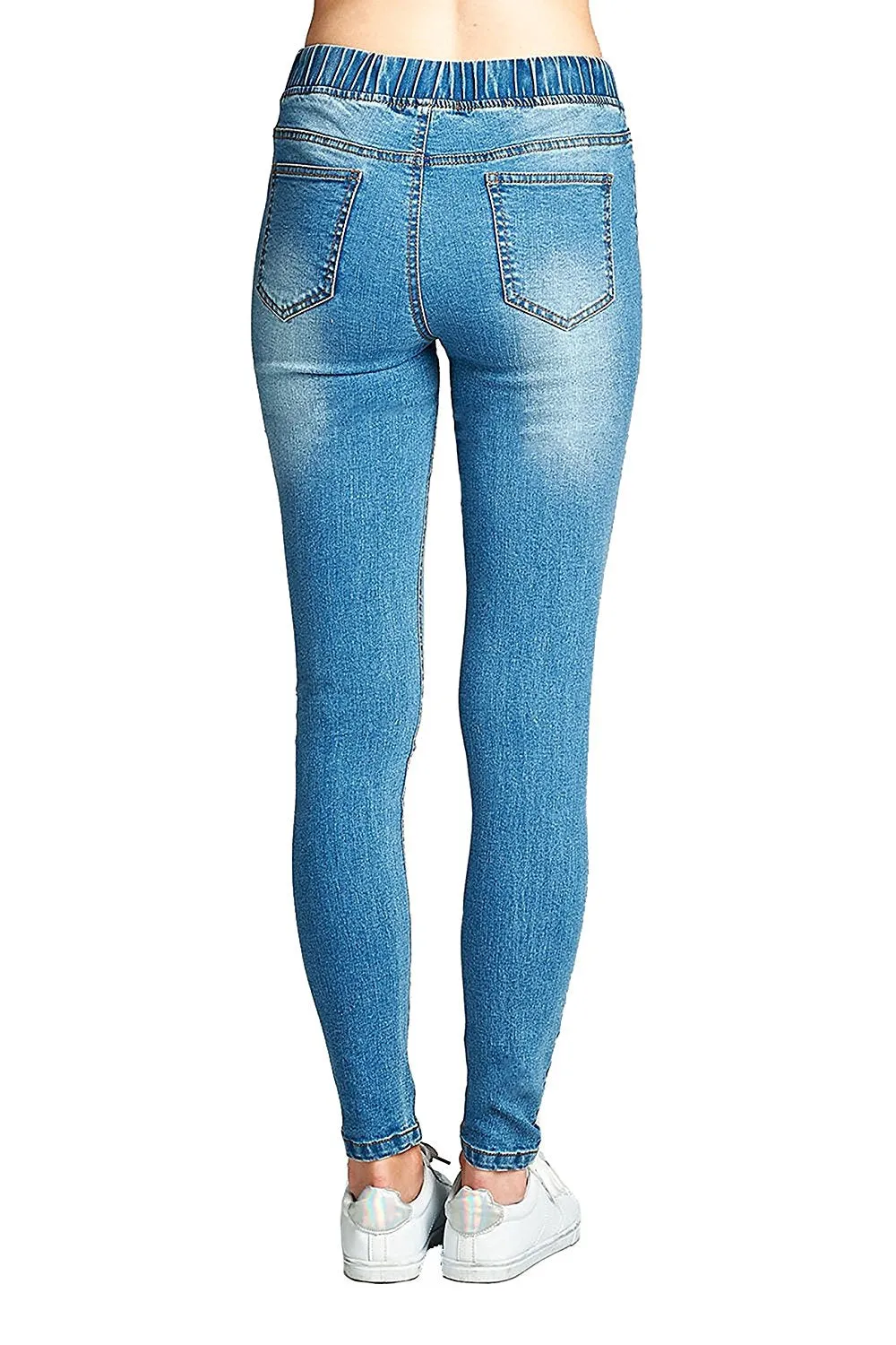 Khanomak Elasticized Drawstring Waist Busted Knee Washed Denim Skinny Pants Jeans