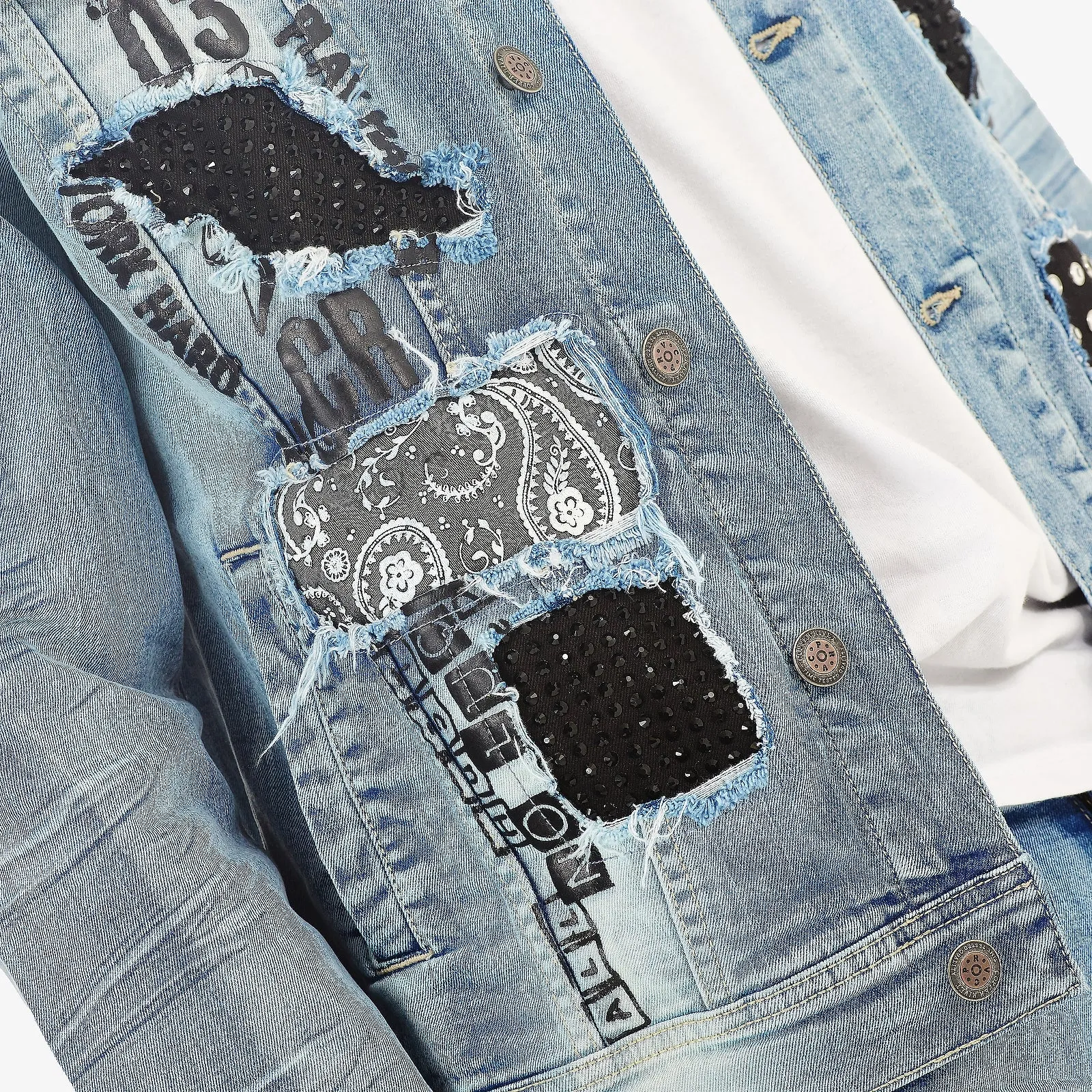 LIGHT SAND BLUE JACKET W/ STONES & STUDS