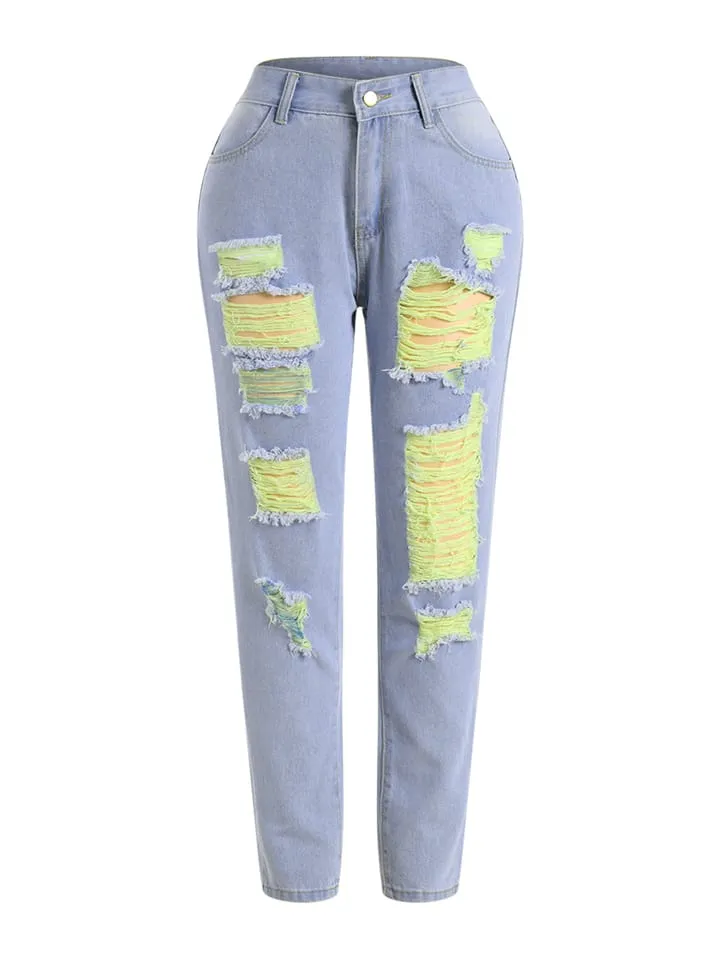 LW-Ripped Distressed Raw Edge Jeans Slim Waist Distressed Jeans Frayed Denim Pants Fashion   S3742851