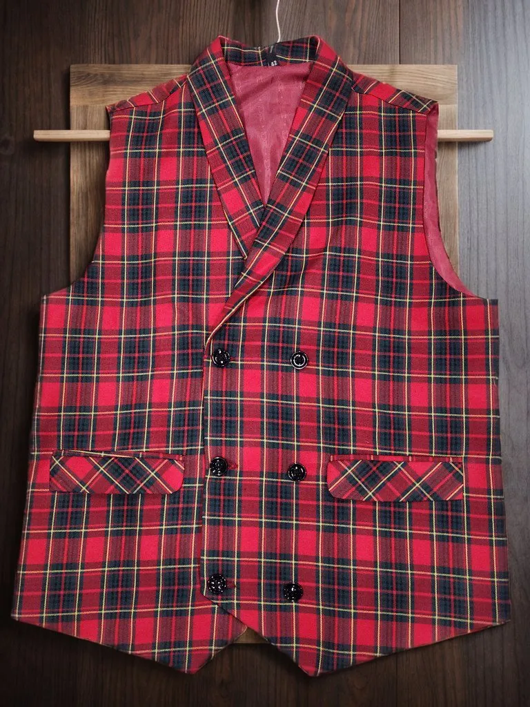 Men's Plaid Double-Breasted Red Waistcoat
