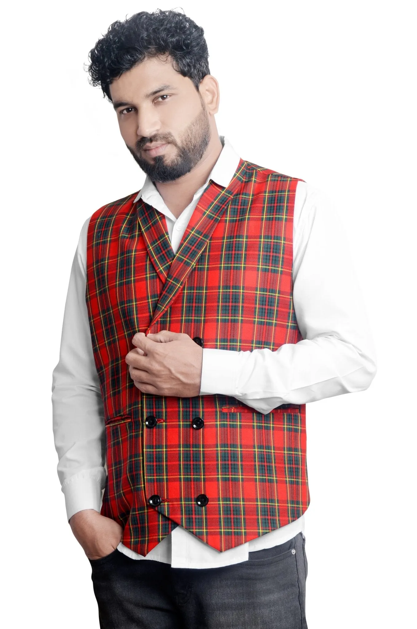Men's Plaid Double-Breasted Red Waistcoat