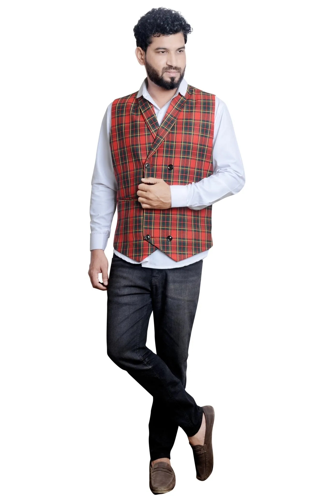 Men's Plaid Double-Breasted Red Waistcoat