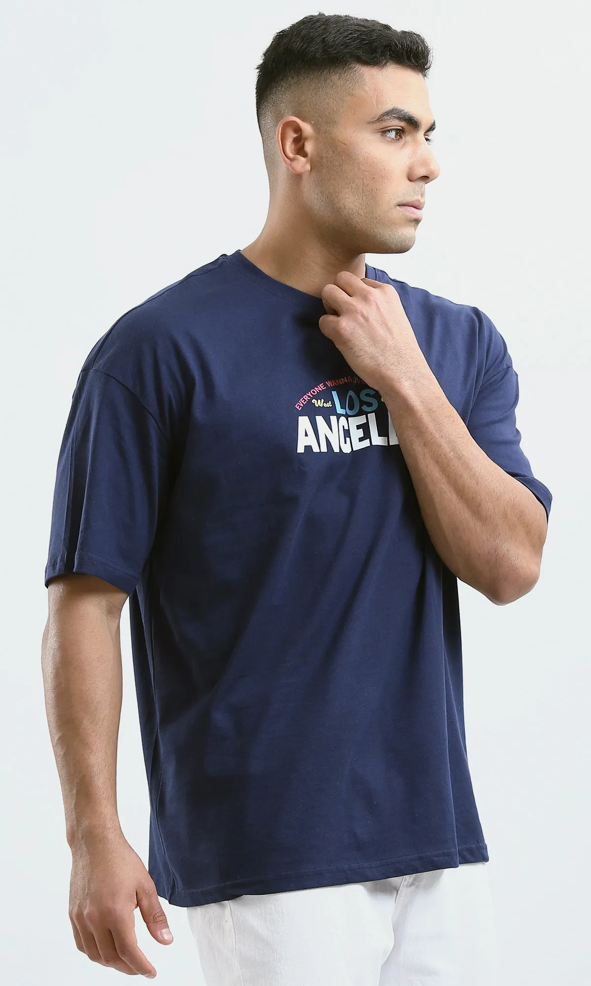 O179034 Relaxed Fit Printed Navy Blue Tee With Elbow Sleeves