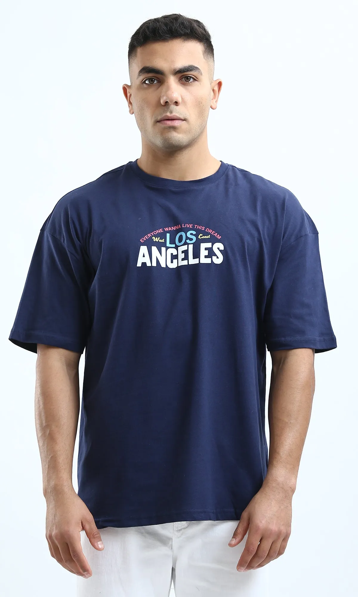 O179034 Relaxed Fit Printed Navy Blue Tee With Elbow Sleeves