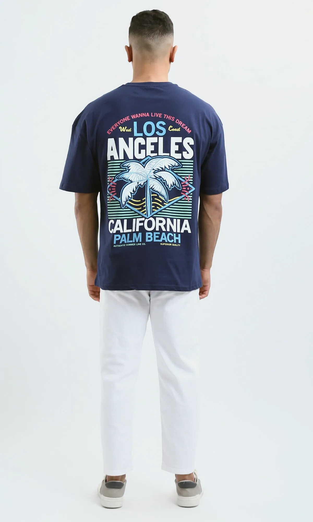 O179034 Relaxed Fit Printed Navy Blue Tee With Elbow Sleeves
