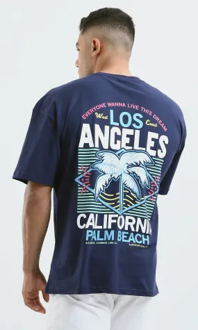 O179034 Relaxed Fit Printed Navy Blue Tee With Elbow Sleeves