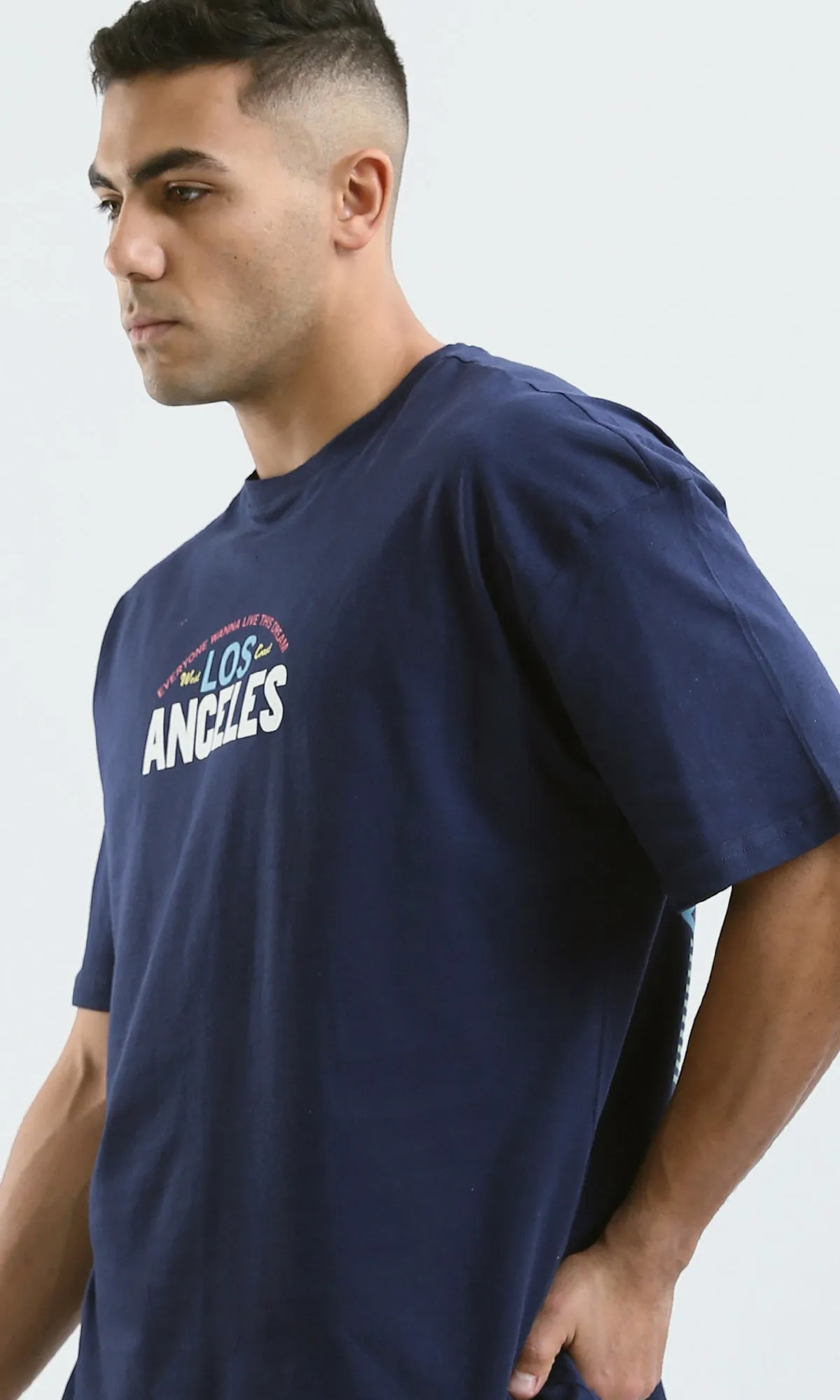 O179034 Relaxed Fit Printed Navy Blue Tee With Elbow Sleeves
