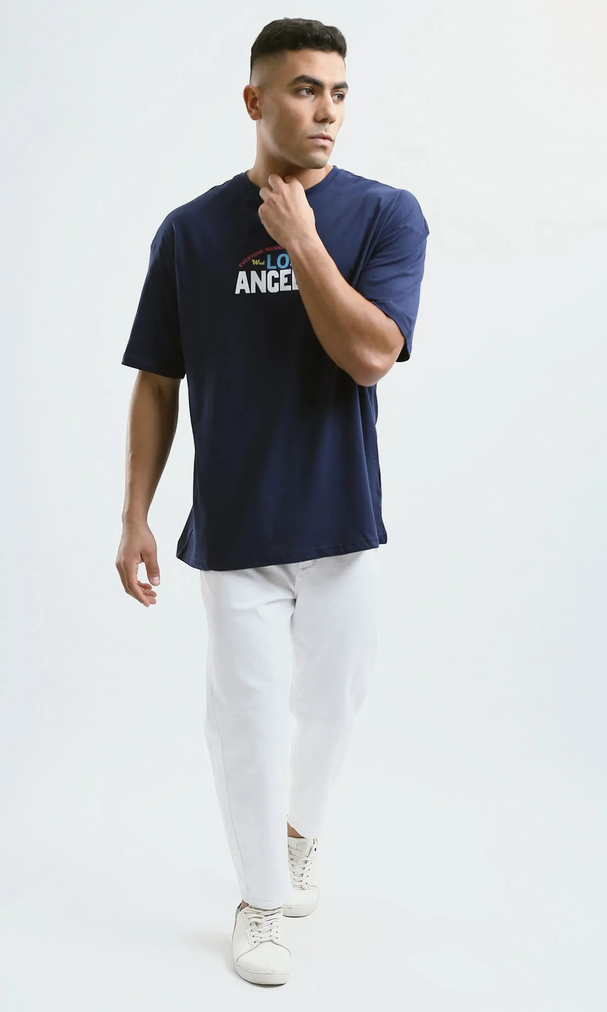 O179034 Relaxed Fit Printed Navy Blue Tee With Elbow Sleeves