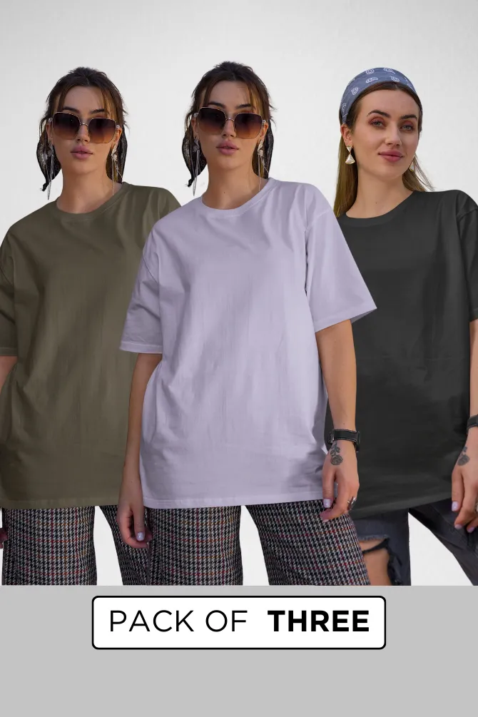 Pack Of 3 Oversized T-Shirts Olive Green Black and Lavender for Women