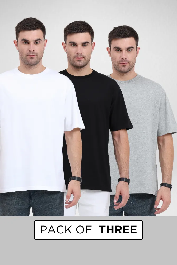 Pack Of 3 Oversized T-Shirts White Black and Grey Melange for Men