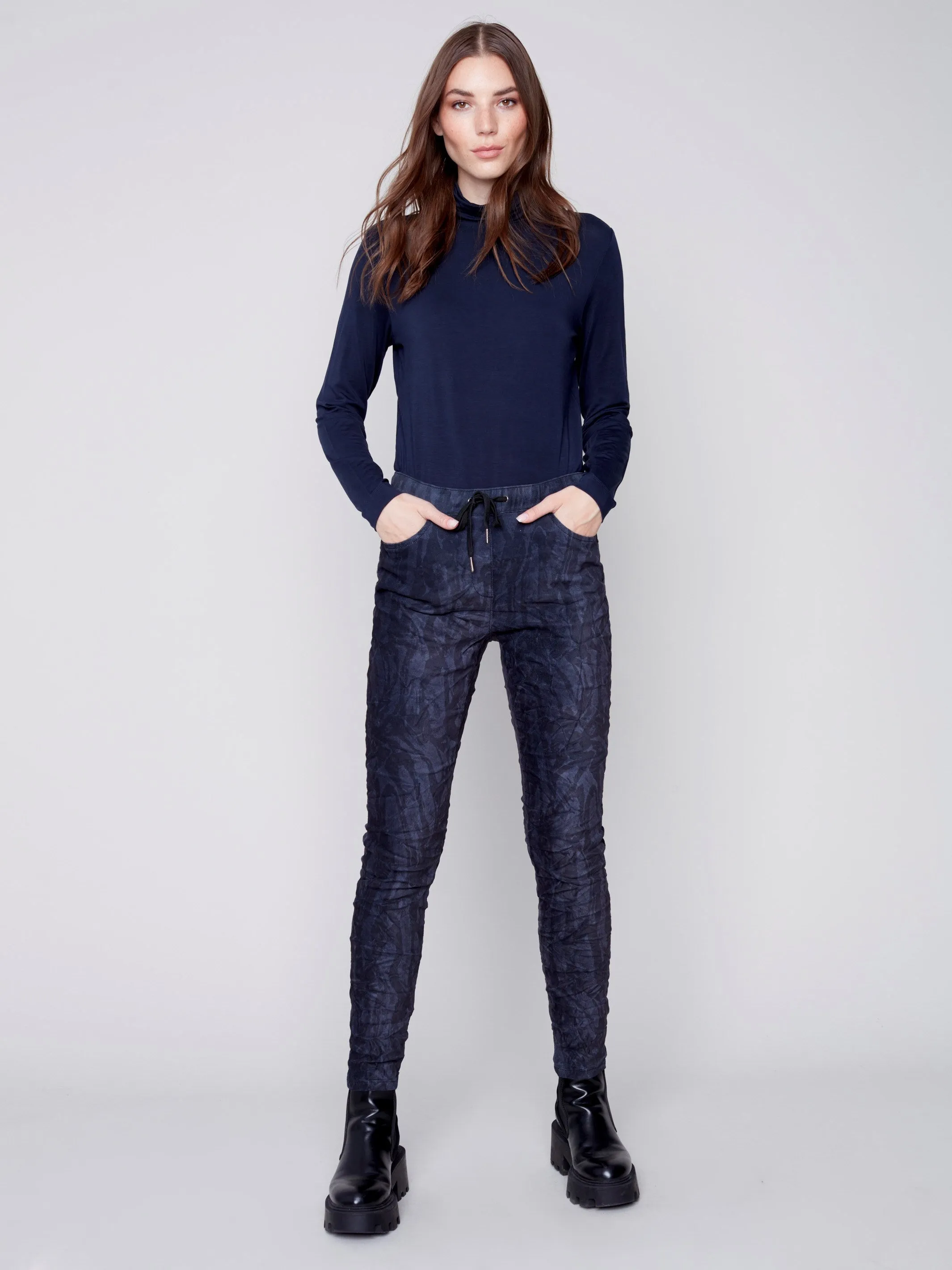 Printed Suede Crinkle Jogger Pants - Navy
