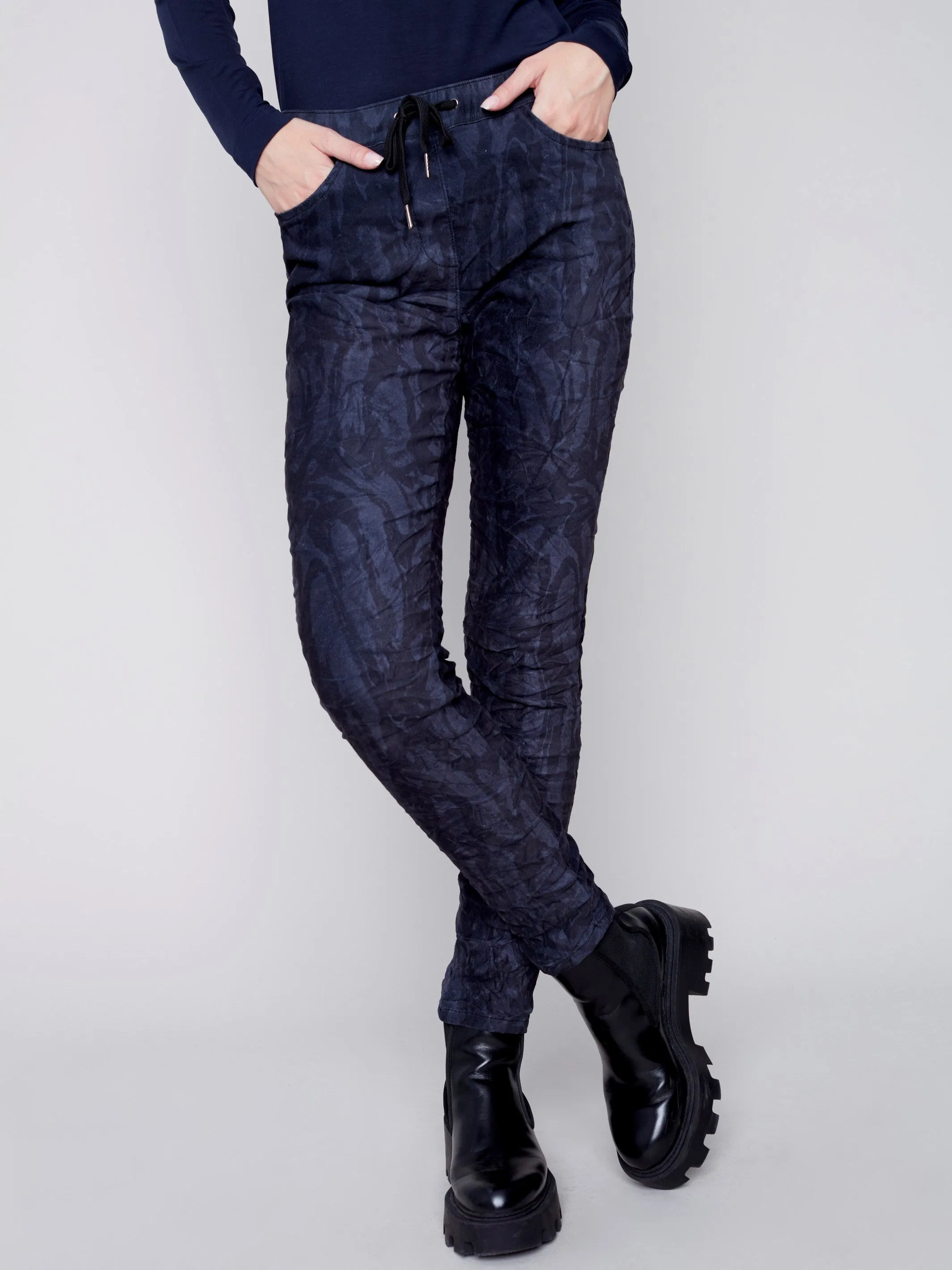Printed Suede Crinkle Jogger Pants - Navy