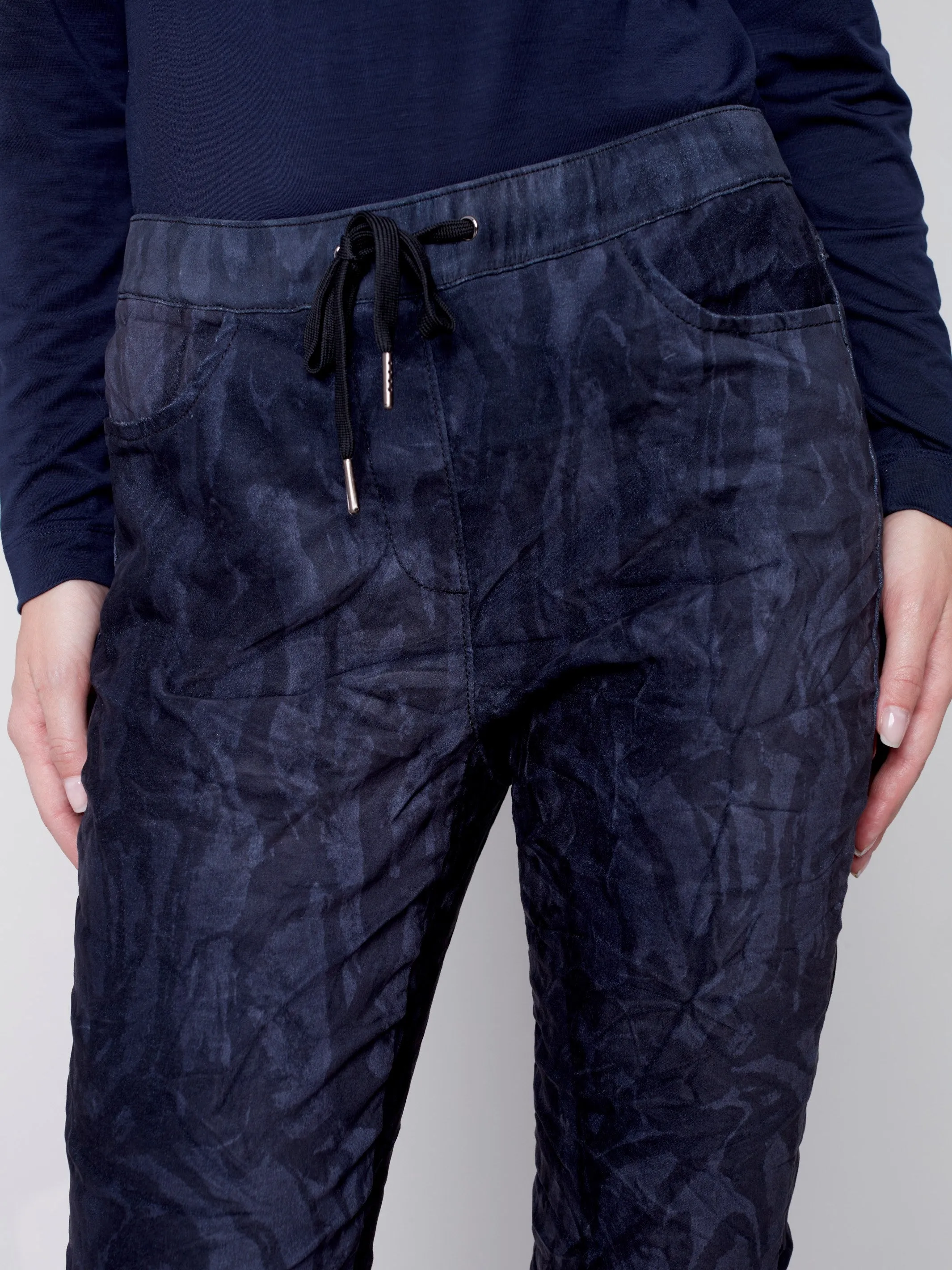 Printed Suede Crinkle Jogger Pants - Navy