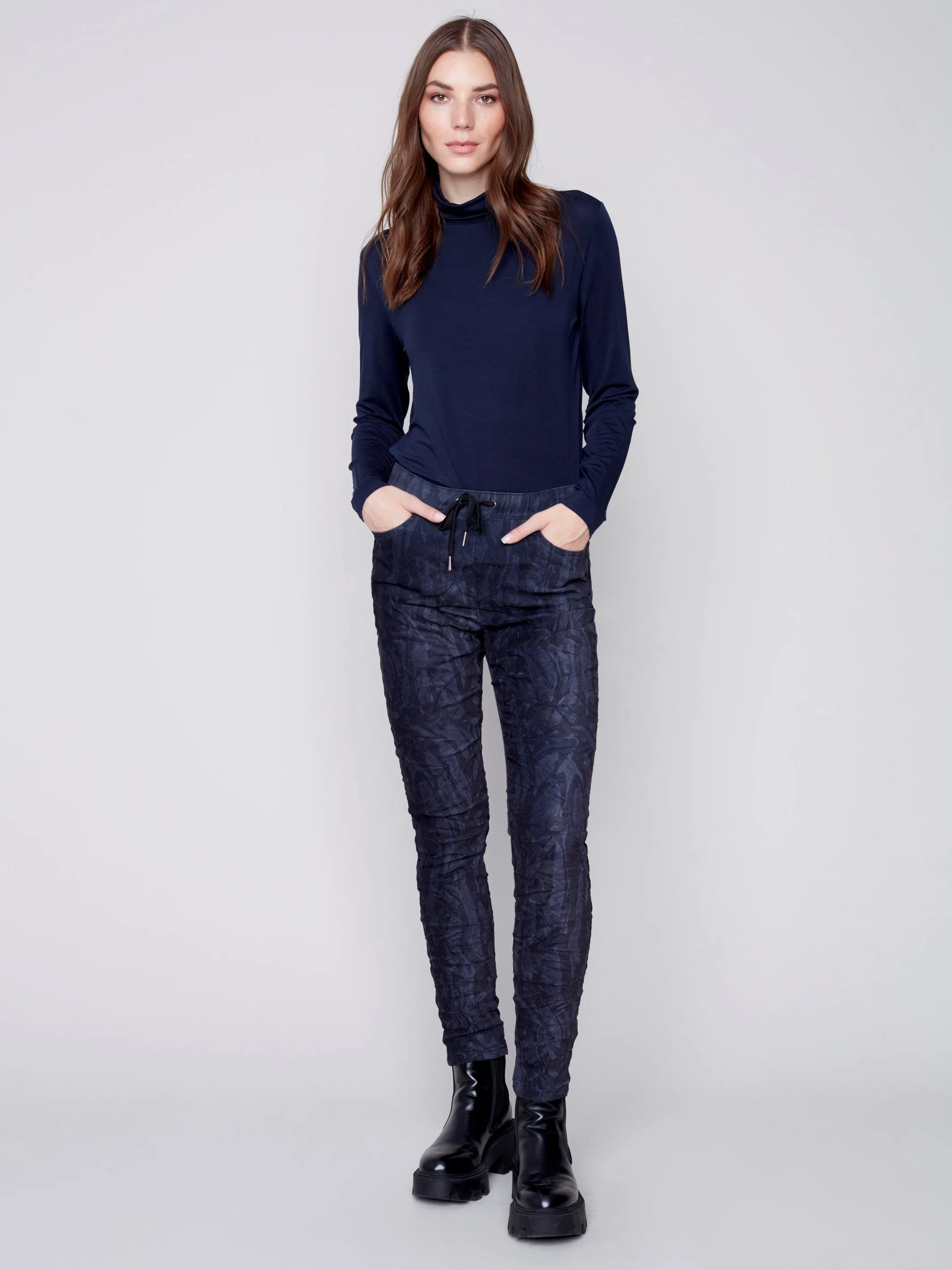 Printed Suede Crinkle Jogger Pants - Navy