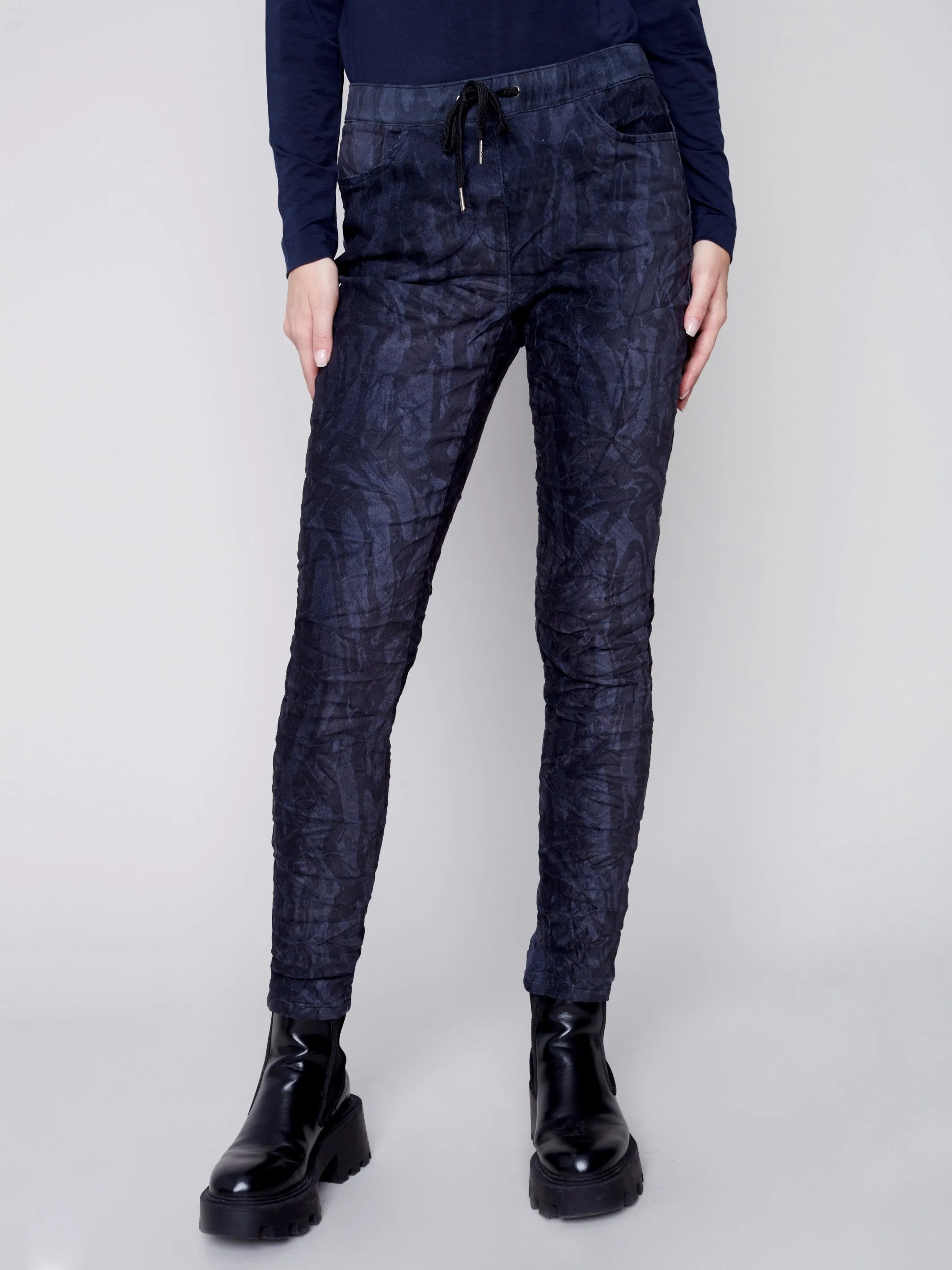 Printed Suede Crinkle Jogger Pants - Navy