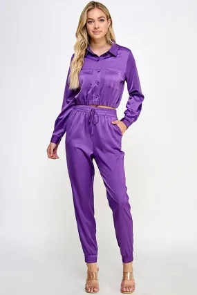 Purple Long Sleeve Shirt Top With Jogger Pants Set