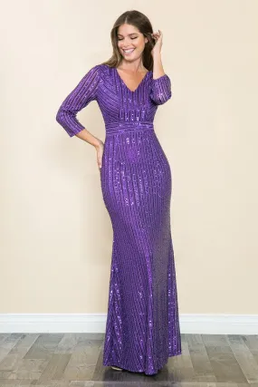 Purple Sleeved Sequin V-neck Formal Long Dress