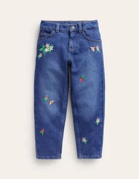 Relaxed Straight Jean-Mid Denim Embroidery