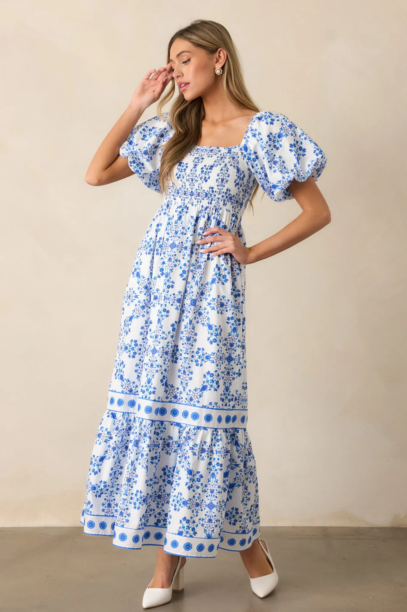 Rosewater Skies 100% Cotton Royal Blue Floral Maxi Dress