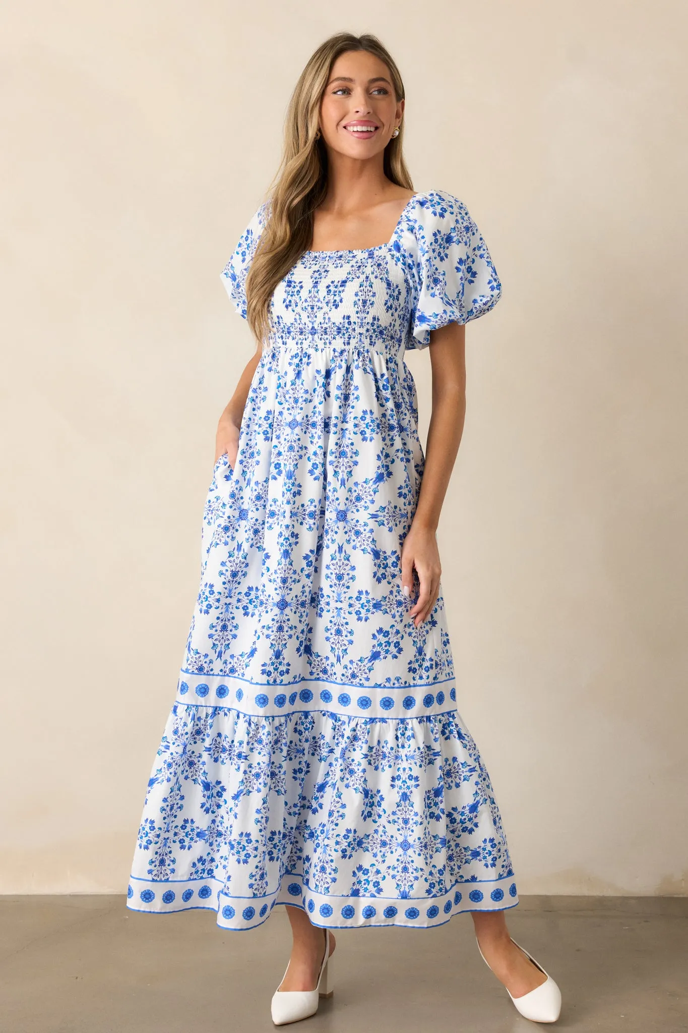 Rosewater Skies 100% Cotton Royal Blue Floral Maxi Dress