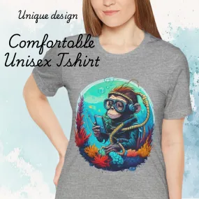 Scuba Dive Into Fun - Unisex Jersey Tee with Dive-In Monkey Design, Perfect for Ocean Lovers, Beach Days, Eco-Friendly Gifts, Casual Wear