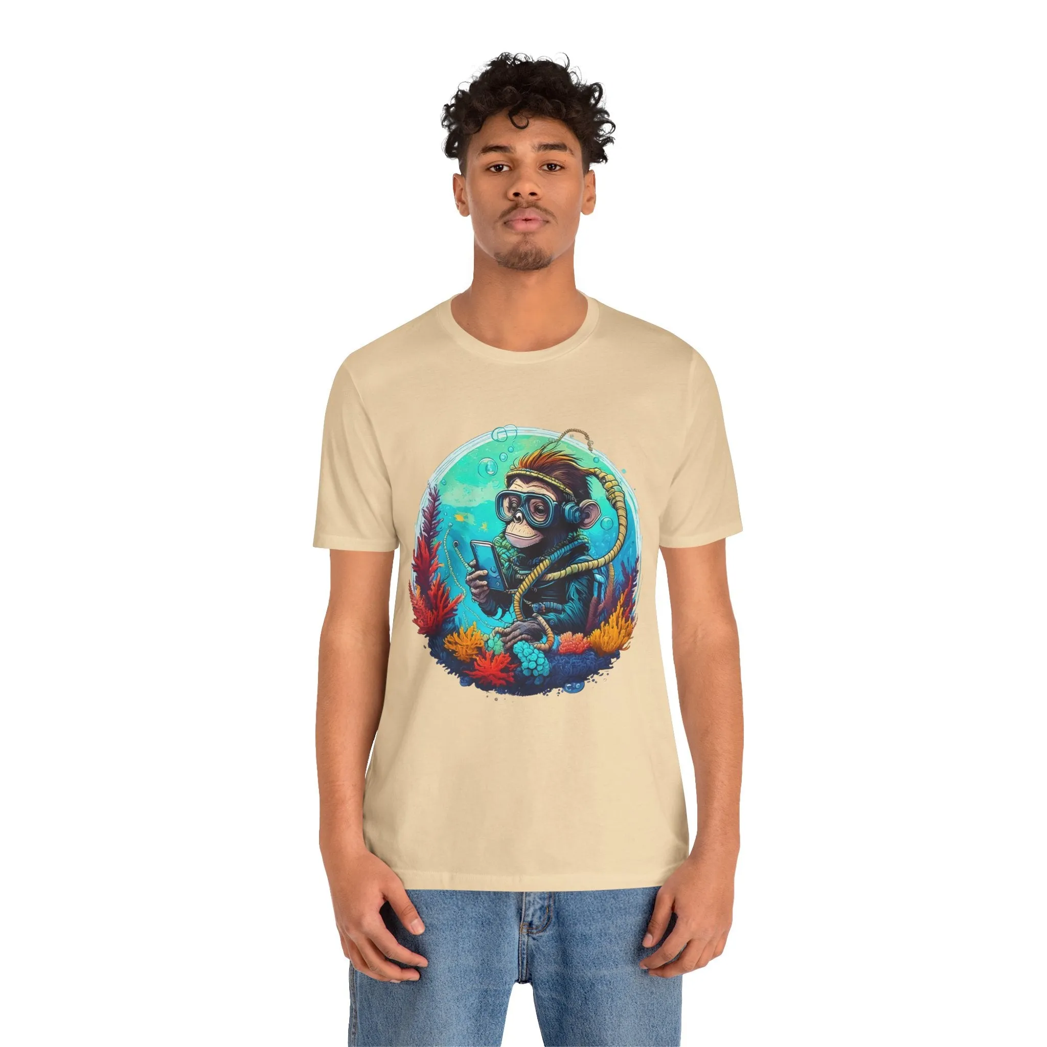 Scuba Dive Into Fun - Unisex Jersey Tee with Dive-In Monkey Design, Perfect for Ocean Lovers, Beach Days, Eco-Friendly Gifts, Casual Wear