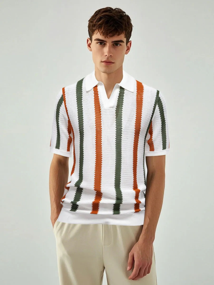 Short Sleeve Striped Crochet Polo